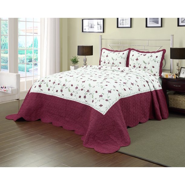 Enchantment Embroidered Floral Burgundy Bedspread, Twin