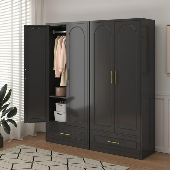 Metal Wardrobe Cabinets with Drawers,Black Armoire Wardrobe Closet with Hanging Rod,Clothes Storage Cabinet with Adjustable Shelves and Doors,Clothing Cabinet for Bedroom, Office, Laundry Room
