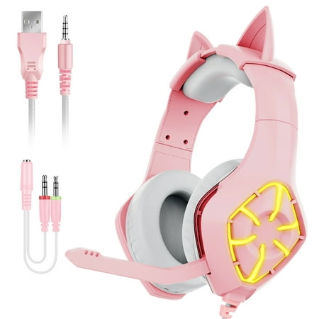 Gaming Headset with Microphone, Removable Cat Ear Surround Sound Headphone, Over-Ear Gaming Headphones with LED Light, Compatible with PC, PS4, PS5 for Girls (Pink)