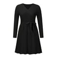thumbnail image 4 of hirigin Women Fashion Wild Sweater Dress Solid Color V-Neck Long Sleeve A-line Dress Autumn Winter Knitted Pleated Dress with Belt, 4 of 7