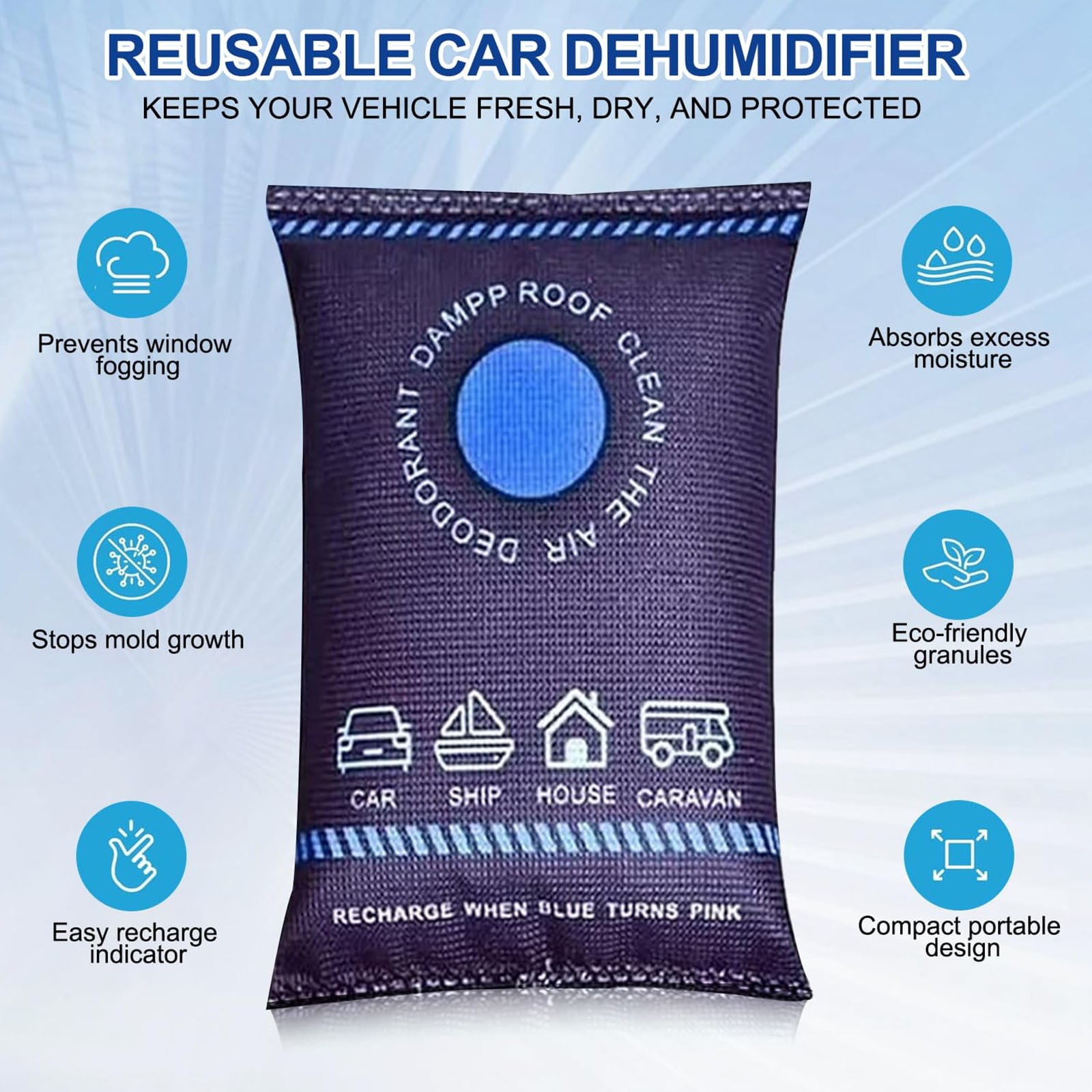 6PCS Dehumidifier Bags for Car,Reusable Dehumidifier Bags,Car Moisture Absorber for Windows Interior,Portable Condensation Prevention for Wardrobe,Closet,Basement,RV,Camper Storage,6PCS