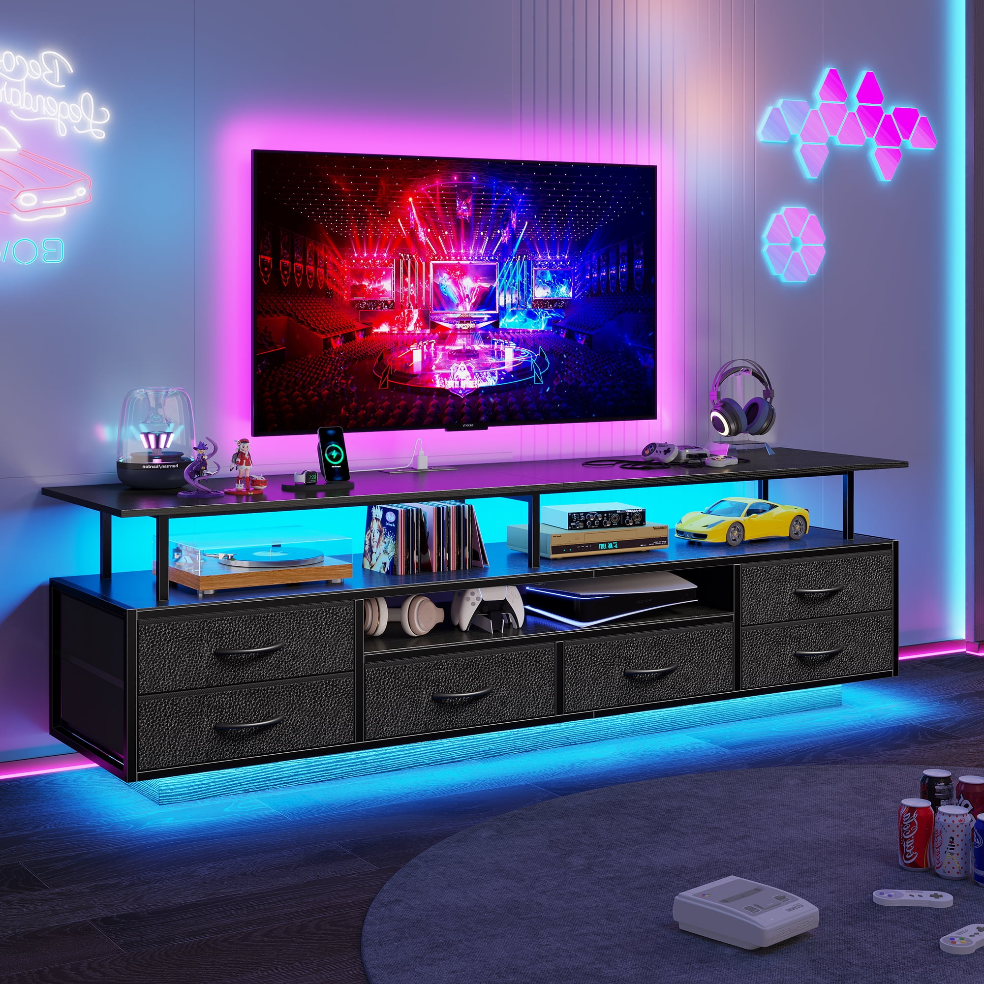 TV Stand with Drawer-6 PU Fabric Drawer- Entertainment Center and Industrial TV Console Table with Open Storage Shelves / LED Lights/ Power Outlets,Black TV Stand for 65 70 Inches TV
