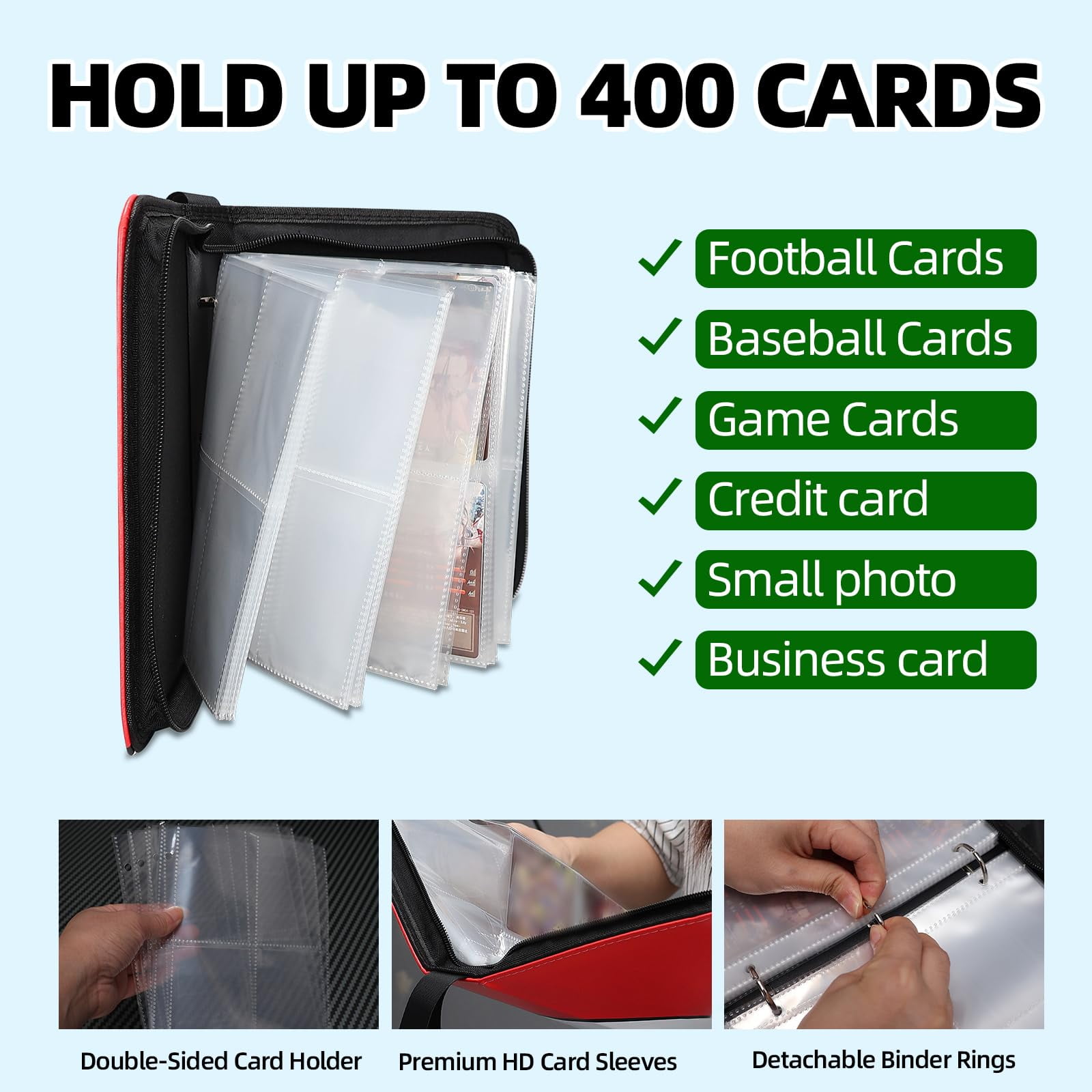 Trading Card Binder for TCG Cards, 4-Pocket Portable Card Collector Holder Book Fits 400 Cards with 50 Removable Sleeve, BKM Card Binder Display Storage Carrying Cases for TCG