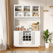 RichYa Tall Kitchen Pantry Cabinet with Microwave Stand Freestanding Hutch with Cup Holder Wine Rack Buffet Cupboard White