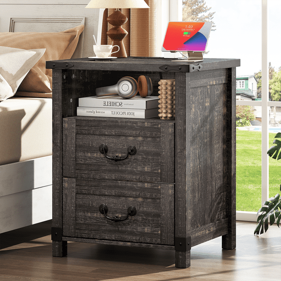 VGBYUJ Farmhouse Nightstand with Charging Station & USB Ports, Bedside Table With 2 Drawers, Wood Nightstand for Bedroom, Living Room, Black