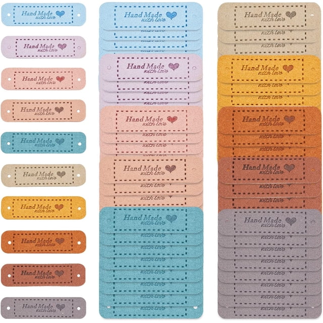 Etiquetas rectangulares de cuero sintético en relieve para ropa, hechas a mano, con agujeros, 80 unidades, 10 colores