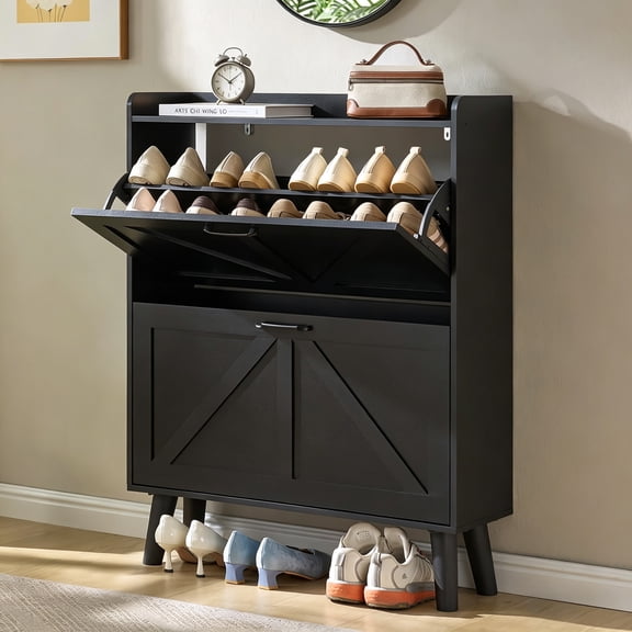 LELELINKY 2-Flip Shoe Cabinet, Slim Narrow Shoe Storage Organizer for Entryway, Black