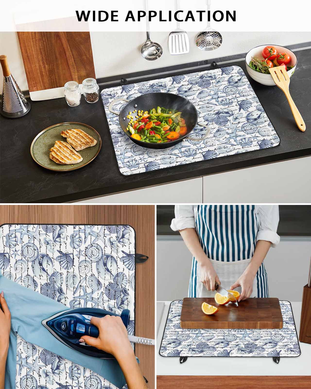 nqOlkjepod Large Induction Cooktop Protector Mat 24"x21", Coastal Blue Stove Top Covers for Electric Stove, Ocean Starfish Retro Conch Summer Shell Stove Burner Cover Mats, Glass Top Stove Cover
