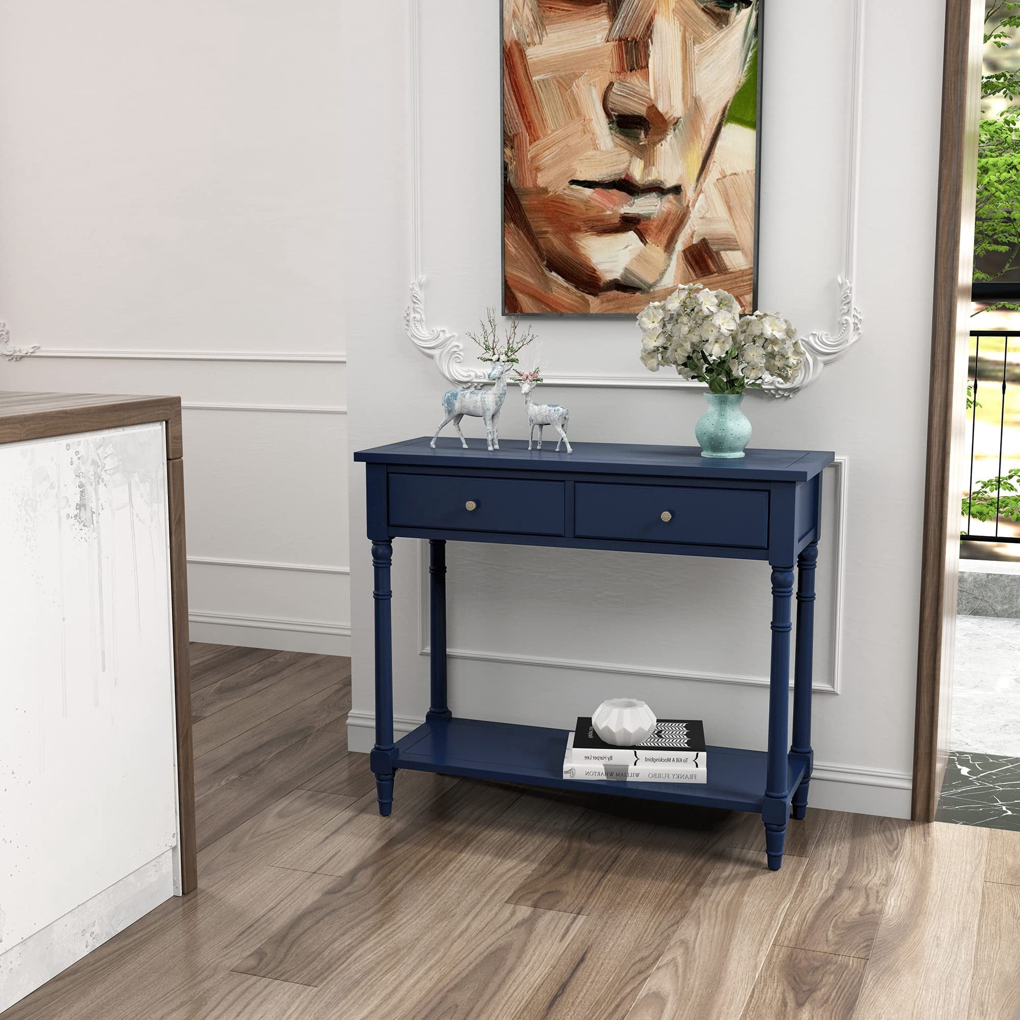 JESONVID Solid Wood Console Table with 2 Drawers, 2-Tier 35.4" X 30" Accent Sofa Table with Multilayer Storage Shelf Rustic Hall Entryway Tables for Living Room Home Office-Blue