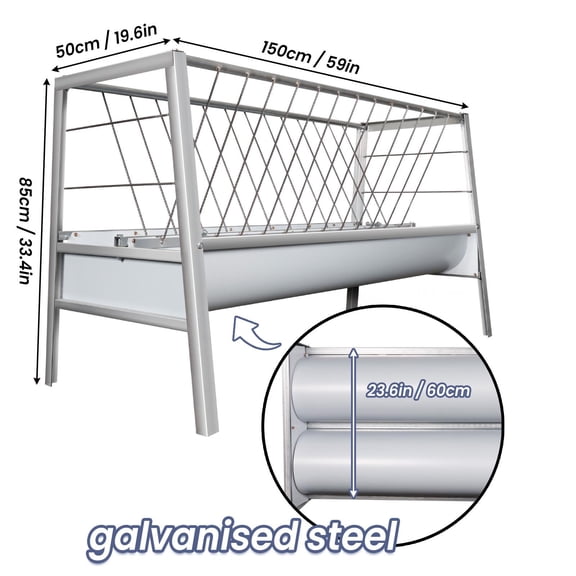 Muweixin 59in Galvanized Steel Double Trough Livestock Feeder, 77 Gallon Heavy Duty Goat Sheep Feeder with Hay Rack, Rust Resistant Animal Feed Trough for Farm, Horse Cow Pig Feeding Station