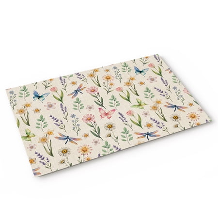 Spring Florals Door Mat Watercolor Pink White Floral Butterfly Dragonfly Linen Texture Non Slip Absorbent Entrance Mat Washable Low Profile Indoor Doormat for Front Door Entryway Entry 20 x31