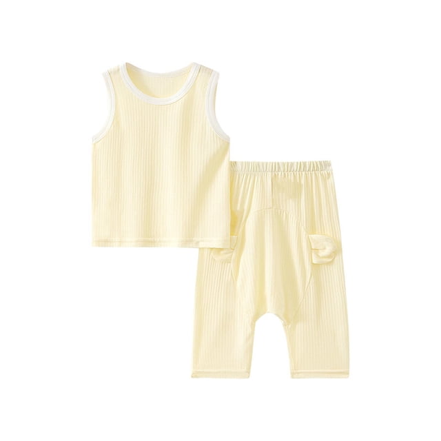 Dealovy Infant Baby Clothes Summer Toddler Crewneck Solid Color Tank Top Elastic Waist Pants Unisex Kids Solid Color Ribbed Loungewear Set