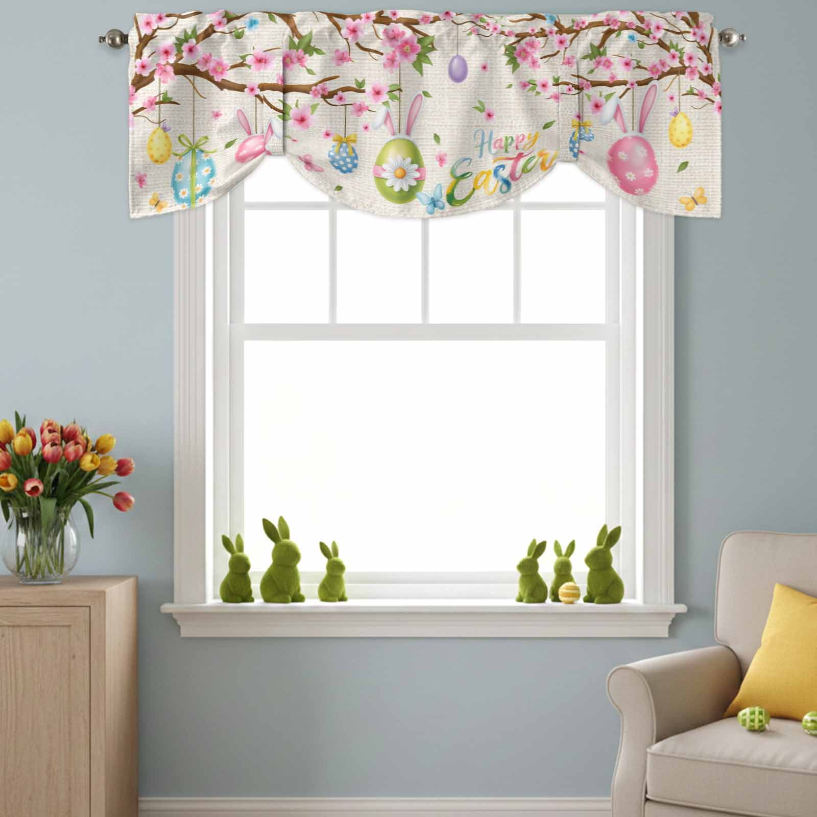 Happy Easter Tie Up Valances Curtain, Colorful Rabbit Ears on Easter Egg Spring Floral Tree Linen Texture Adjustable Rod Pocket Short Window Treatment Tie Up Curtains for Kitchen Living Room 60x18 In