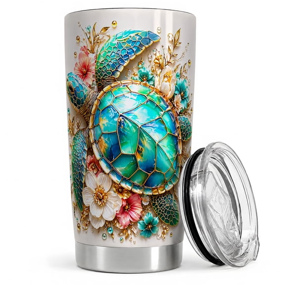 Sea Turtle Floral 20oz Tumbler, Sea Turtle Floral Tumbler, Daily Coffee Cup for Travel, Turquoise Shell Art with White Flowers, Teal Blooms, Golden Ocean Garden Decor for Women