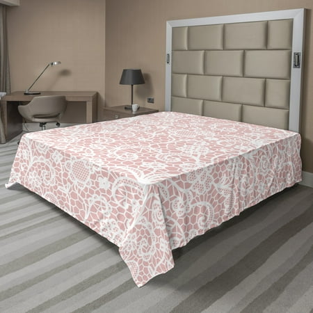 Oriental Flat Sheet, Monochrome Design Repeating Pattern with Floral Hexagonal Lace Grids Motif, Soft Comfortable Top Sheet Decorative Bedding 1 Piece, 6 Sizes, Blush White, by Ambesonne