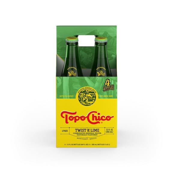 Topo Chico Mineral Water Twist of Lime Sparkling Water, 12 fl oz, 4 Pack Glass Bottles
