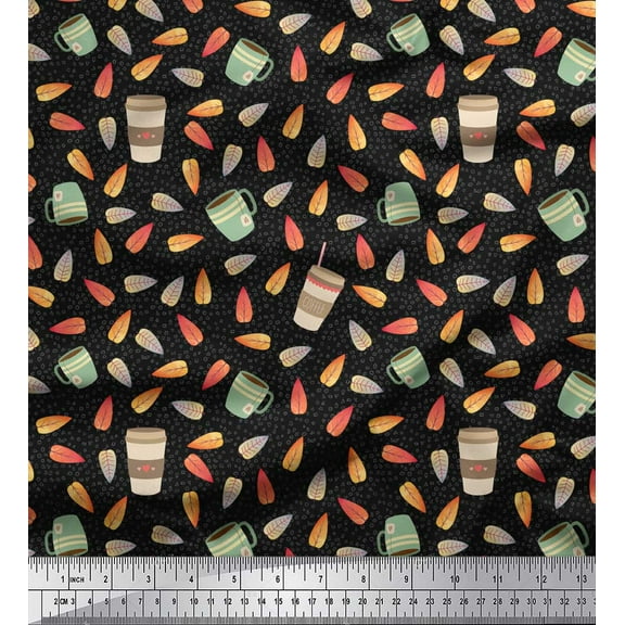 Soimoi Black Cotton Voile Fabric Leaves,Tea Cup & Coffee Beverages Printed Craft Fabric by the Yard 42 Inch Wide