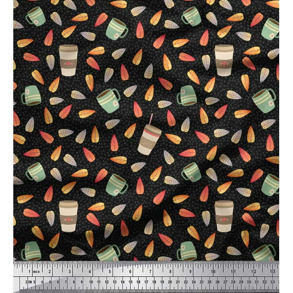 Soimoi Black Rayon Fabric Leaves,Tea Cup & Coffee Beverages Print Fabric by Yard 56 Inch Wide