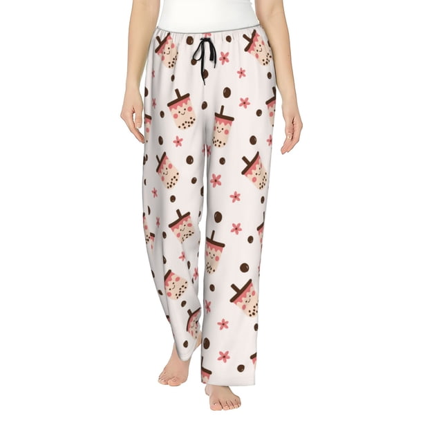 Fotbe Milk Tea Pantalones de Pijama para Mujer, Pantalones de Dormir, Pantalones Pj con Cordón y Bolsillos-Small