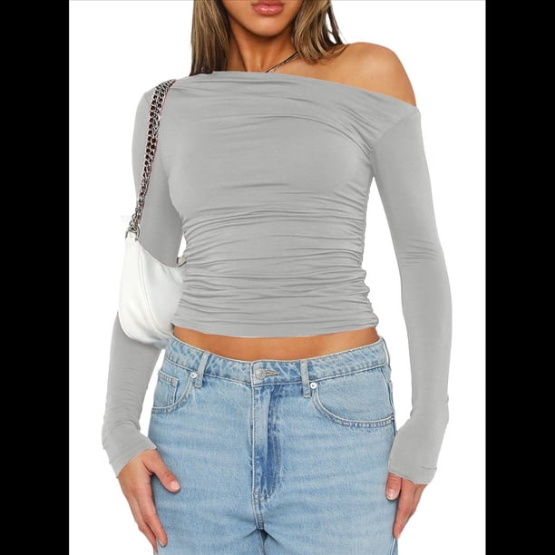 Blusa Informal de Larga con Cuello y Hombros Descubiertos para Mujer, Ajustada, para Salir, Estilo Y2K Flor Gris XS