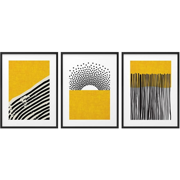 PixonSign Framed Wall Art Collage Print Gallery Set Yellow Black Paint Stroke and Polygon Color Block Variety Abstract Shapes Illustrations Modern for Living Room, Bedroom, Office - 12"x16"x3 BLACK