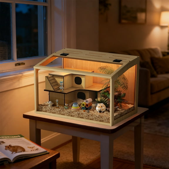 Bingopaw Chew-proof Wooden Hamster Cage Clear Glass Panel Tabletop Habitat with LED Light for Small Pets