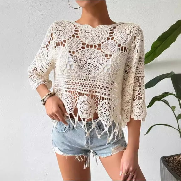 Women's Crochet Lace Beach Cover Up, 3/4 Sleeve Fringe Hem Hollow Out Loose Fit Poncho Top for Summer Vacation, Beige One Size