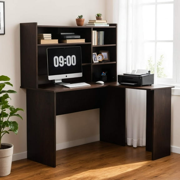 Ivinta L Shaped Computer Desk with Storage Hutch Modern Wood Corner Gaming Desk for Home Office (Dark Brown)