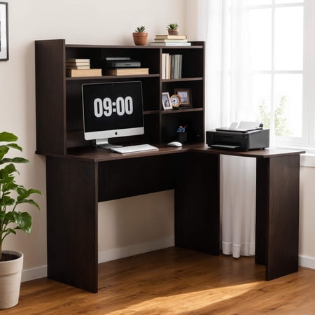 Ivinta L Shaped Computer Desk with Storage Hutch Modern Wood Corner Gaming Desk for Home Office (Dark Brown)