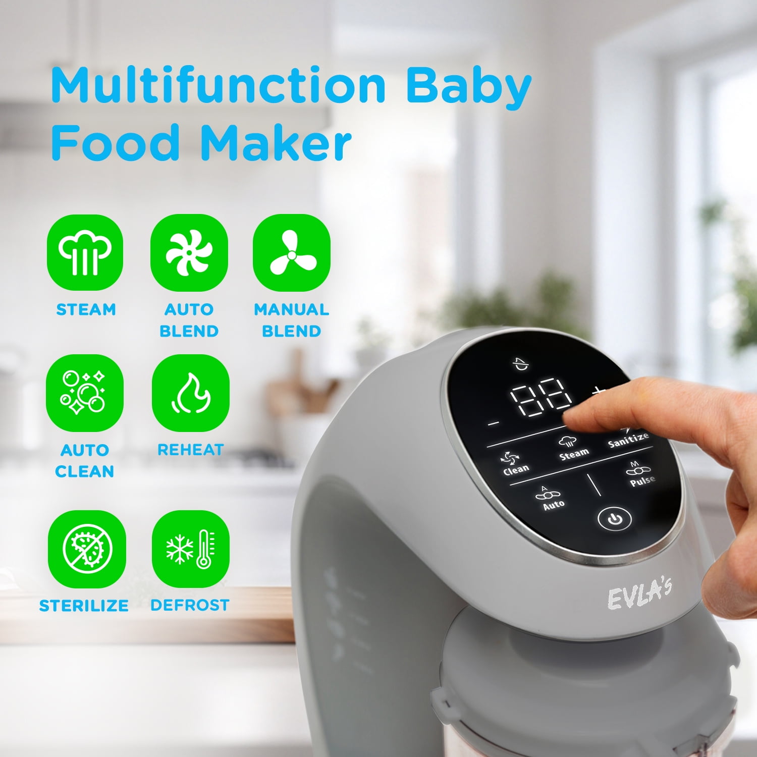 EVLA'S Baby Food Maker, Steamer, Blender, Baby Food Processor, Touch Screen, with 6 Reusable Food Pouches for Storage or Travel, Grey