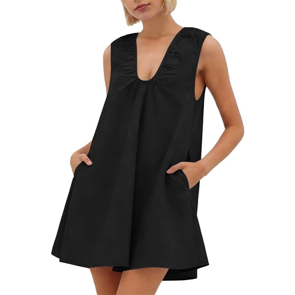 Nmnitkp Dresses for Women Sleeveless V Neck Ruched Loose Fit Mini Dress, Casual Solid Color Summer Dress with Side Pockets for Beach, Vacation & Daily Wear Black,S