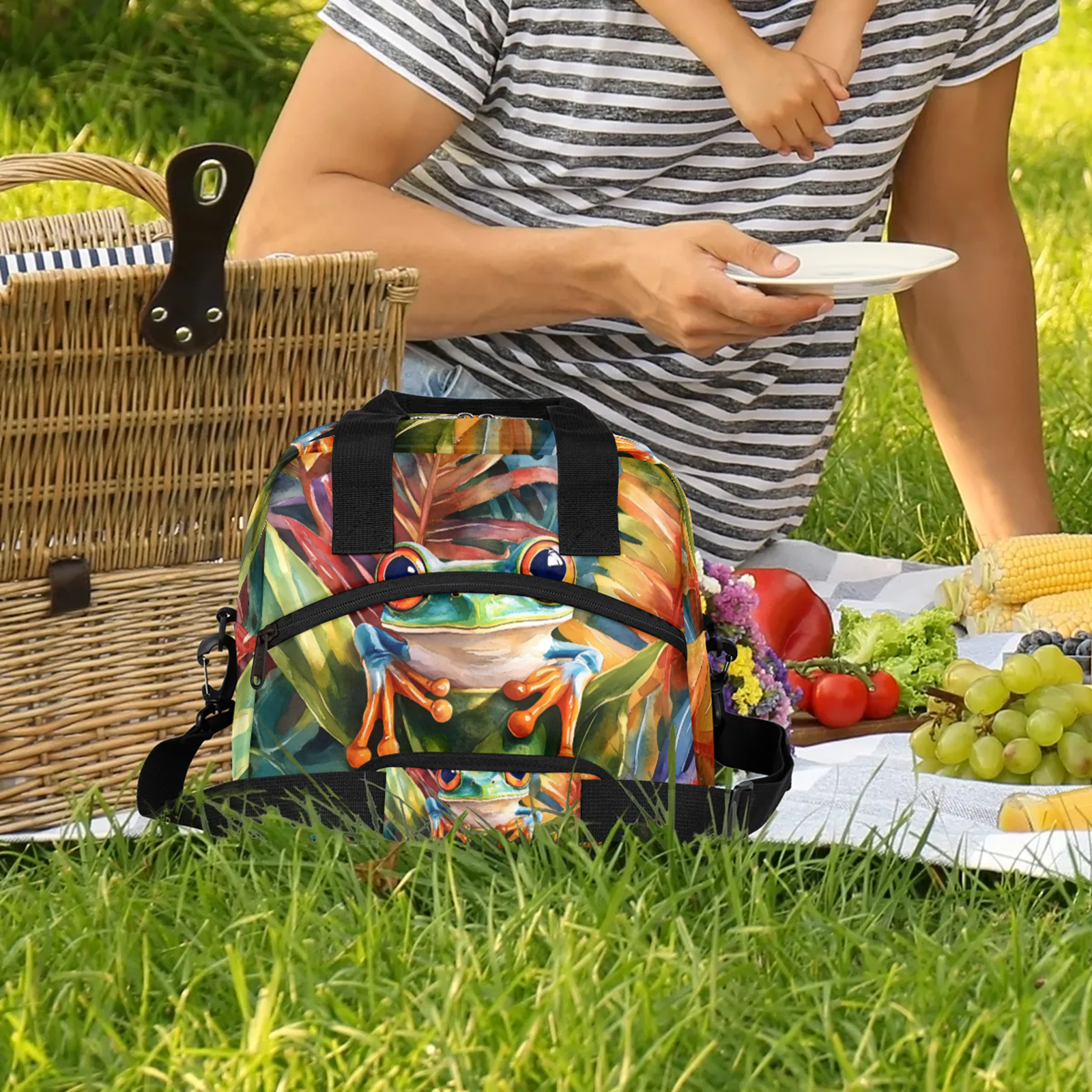 Herdesigns Green Frog Lunch Bag for Men Women Adults Cute Cartoon Frog Insulated Lunch Box Leakproof Cooler Tote Bag Organizer with Adjustable Shoulder Strap