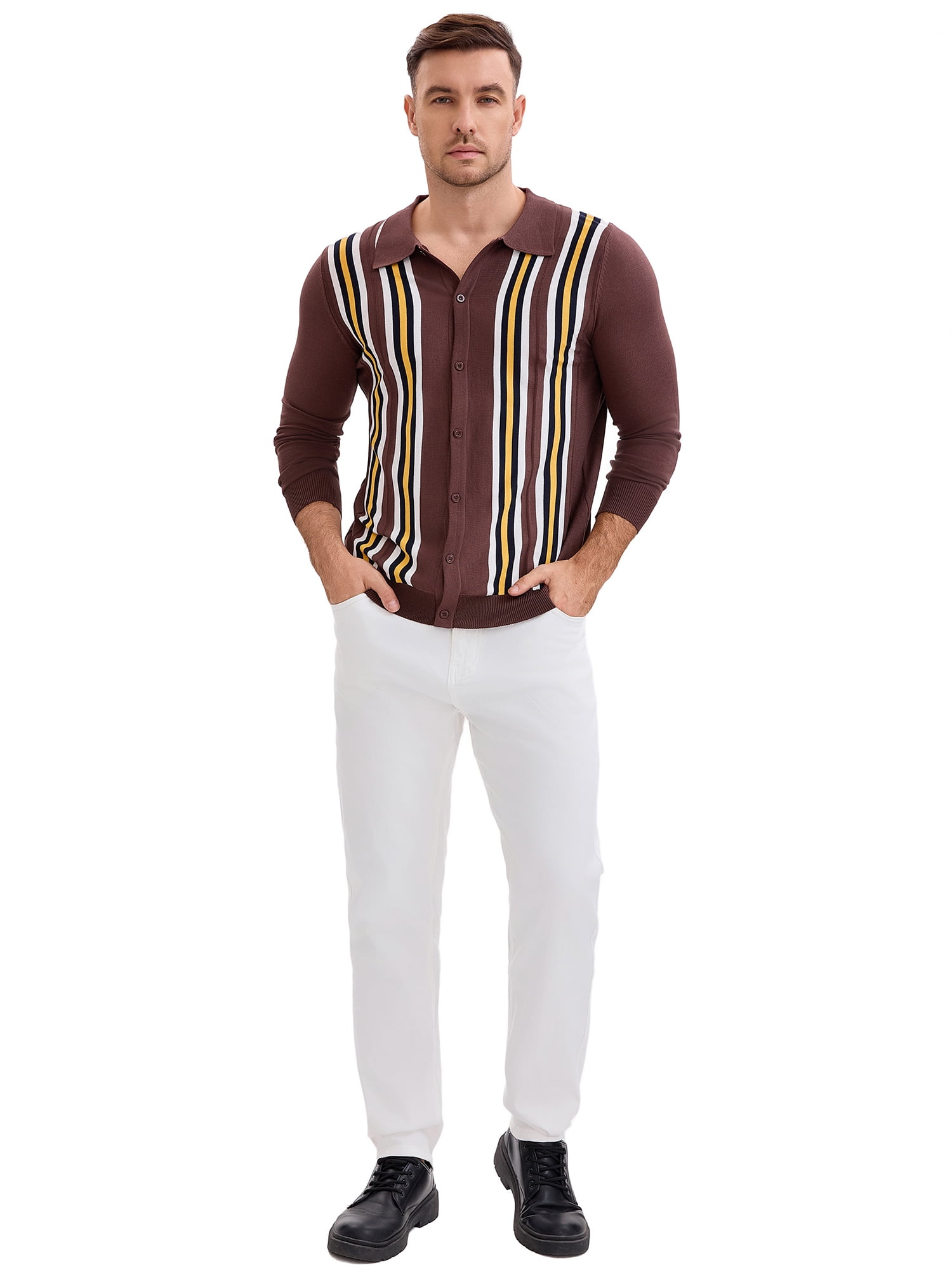 DARING DIVA Men's Long Sleeves Button Down Printing Knitted Polo Shirts 2XL Brown