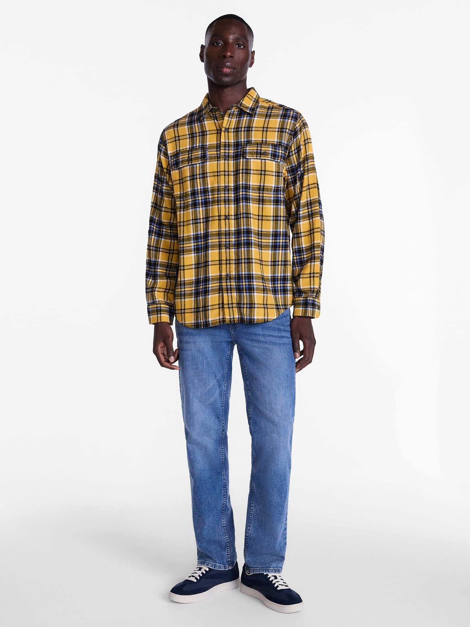 George Men's and Big Men's 100% Cotton Double Pocket Flannel Shirt, Sizes XS-3XLT