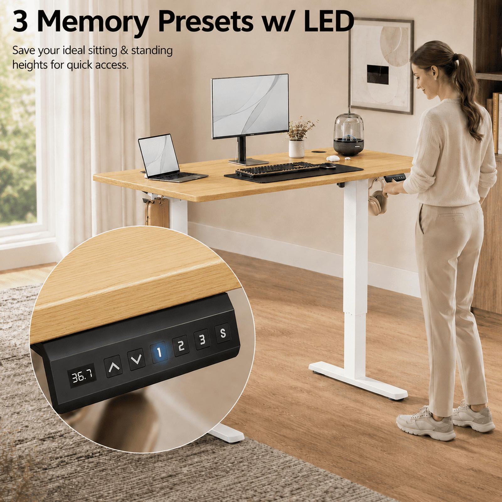 Alvantor Standing Desk, 28.7''- 48'' Height Electric Height Adjustable Home Office Desk with 3 Memory Presets, Sit and Stand Up, T-Shaped Frame