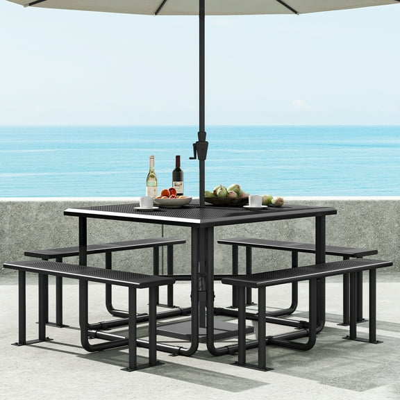 Dextrus Iron Square Steel Picnic Table, 46" Weather-Resistant Outdoor Table with Robust Frame & Umbrella Hole for Patio, Lawn, Yard Gatherings (Black)