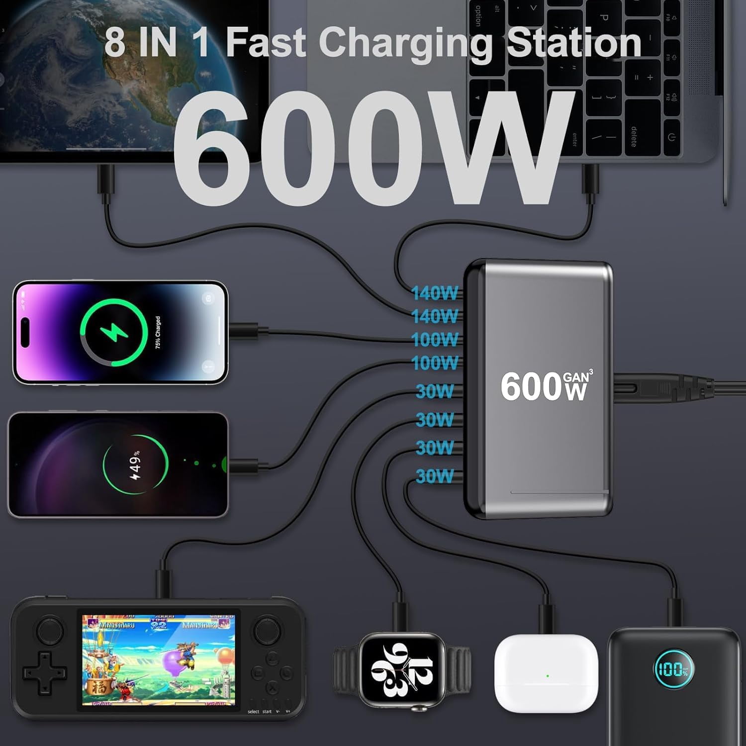 600W USB-C Charger, 100W USB-C Charging Block, 8-Port GaN III Fast Charging Station Hub, 140W PD 3.1 Laptop Charger Adapter Compatible with MacBook Pro/Air, DELL, Steam Deck, iPhone 17/16/15