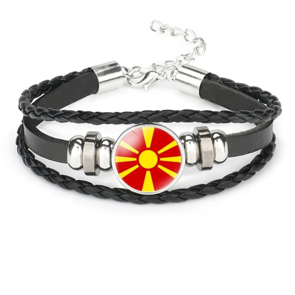 Uijokdef Bracelet for Women Men Black Leather Bracelet ,European Flags
