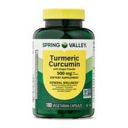Spring Valley Turmeric Curcumin with Ginger Powder Dietary Supplement Vegetarian Capsules for General Wellness, 500 mg, 180 Count