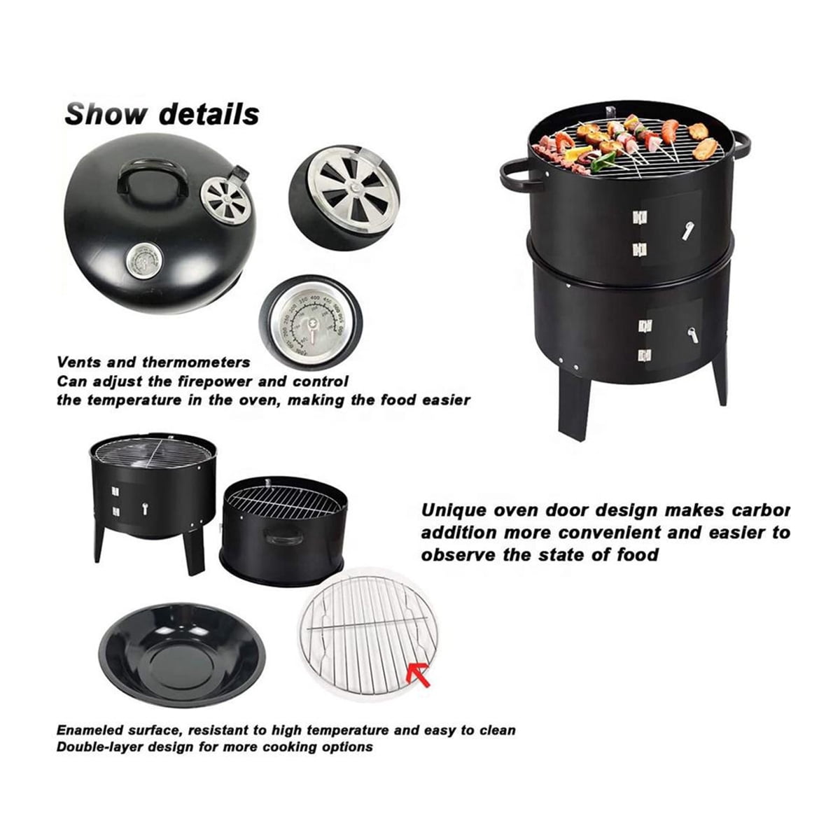 FENGFAN Vertical 2-Tier Charcoal Smoker Grill, Outdoor Wood-Fired BBQ & Braising Stove with Thermometer