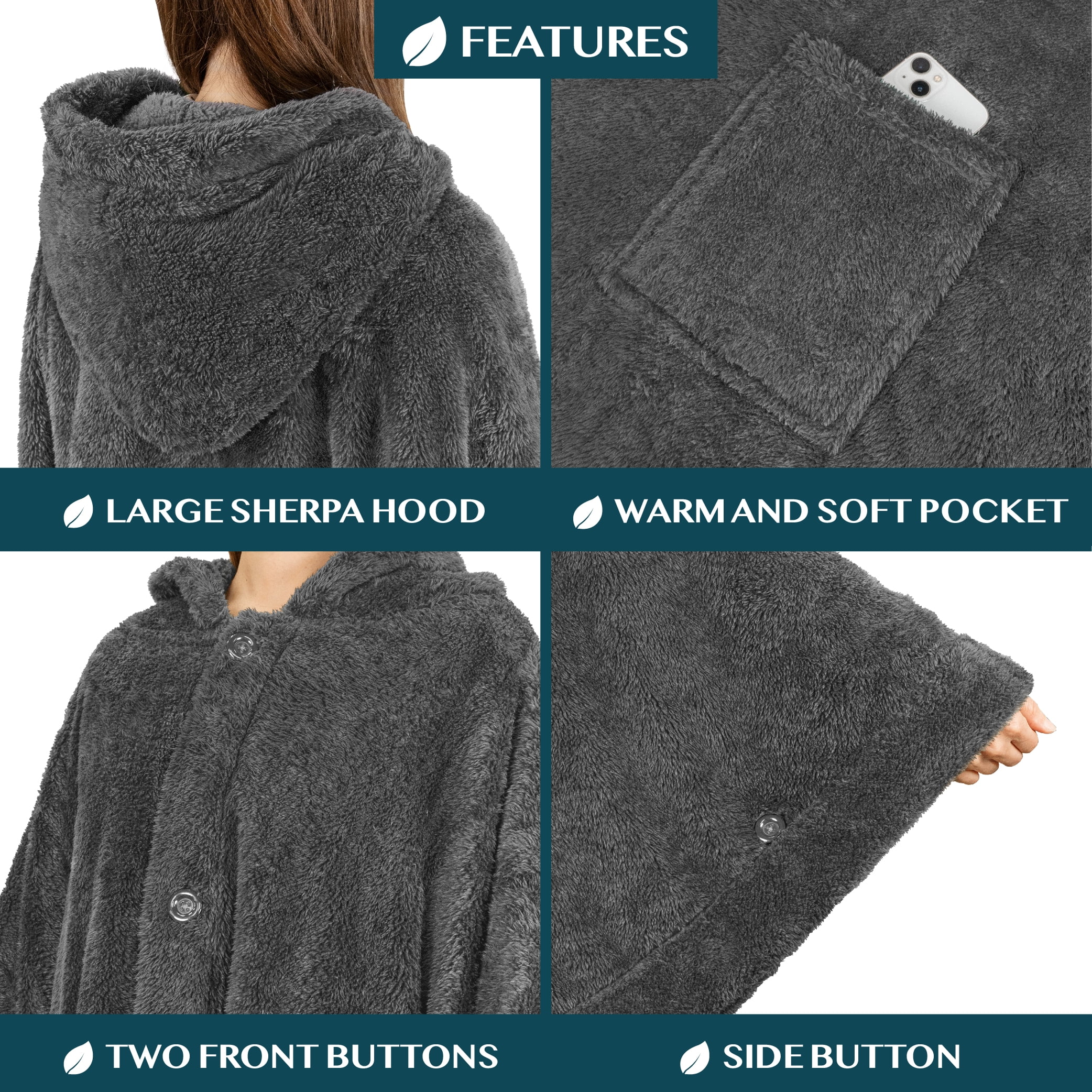 PAVILIA Angel Wrap Hooded Blanket Poncho, Wearable Blanket Throw Wrap Poncho for Women Adult, Cozy Fluffy Sherpa Fleece Shawl Cape with Hood pockets, Warm Gift for Mom Wife, Dark Gray