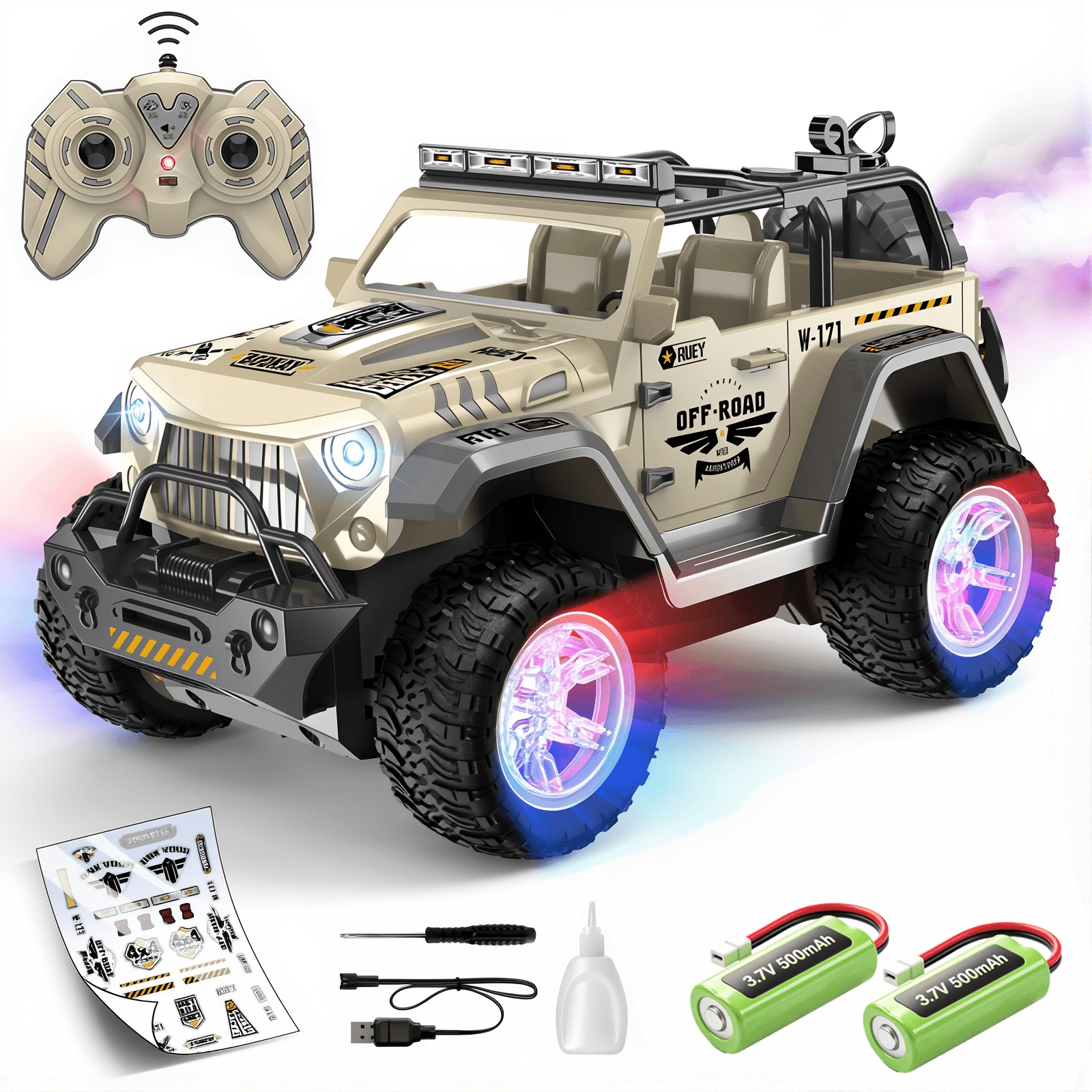 HNH 1:16 Remote Control Car, Off Road Monster Truck 2.4Ghz RC Cars with Stickers, 80 Min Play, Wheel Light, Spray