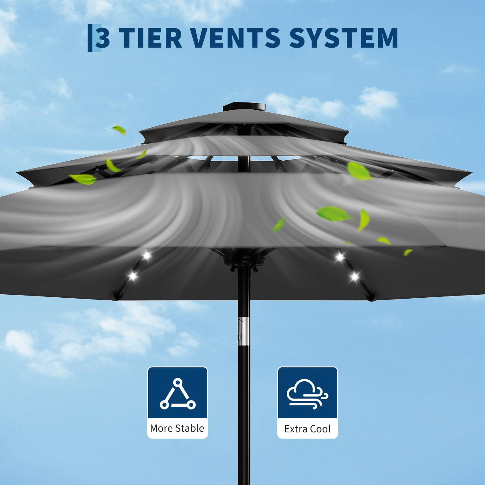 Emorefun 10ft Outdoor Table Umbrella, Portable Patio Umbrella with Solar Lights and 3-Tier Vents, Gray