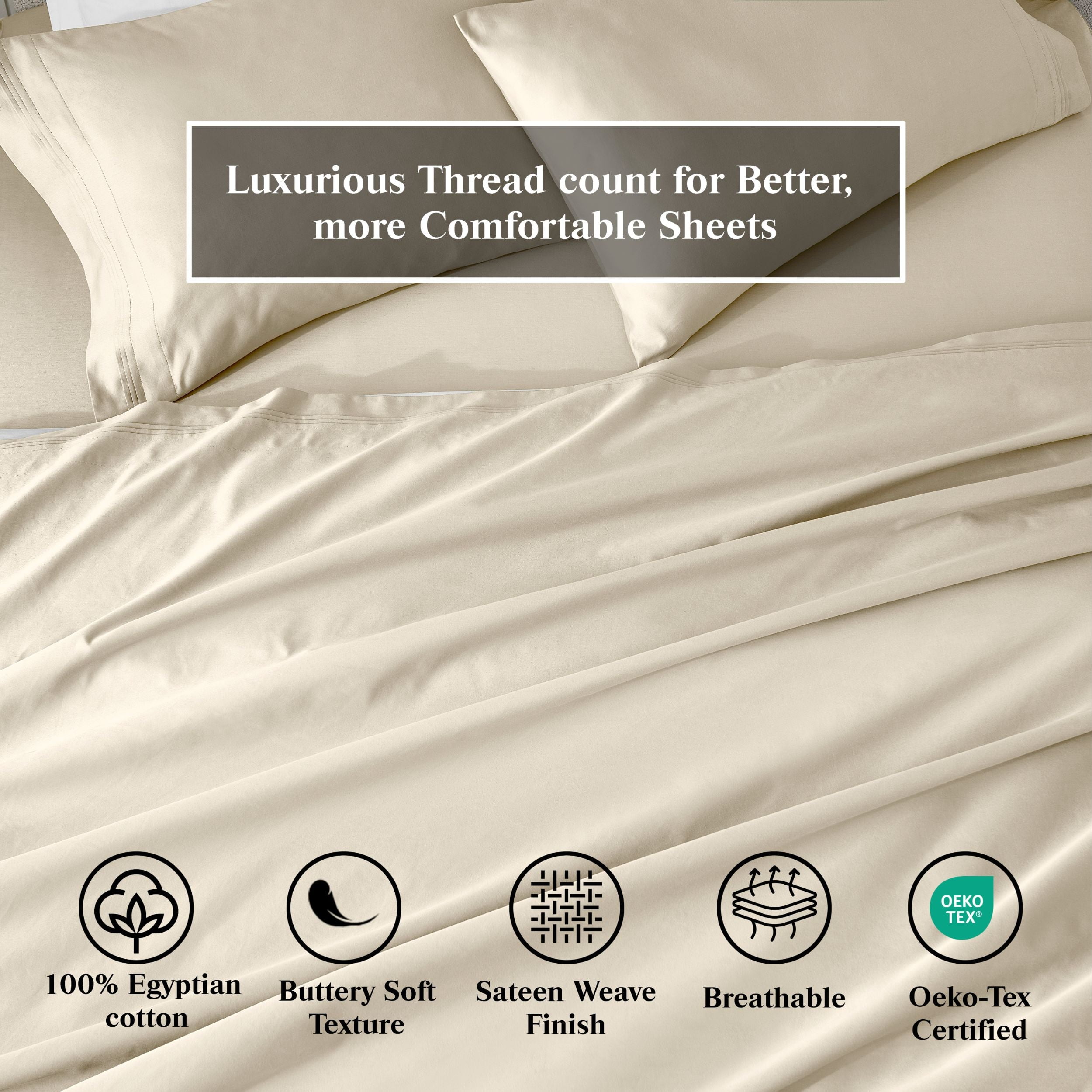 Superior 650 TC Egyptian Cotton Sheet Set, Extra Deep Pocket - 20 Inch, King Size, Ivory