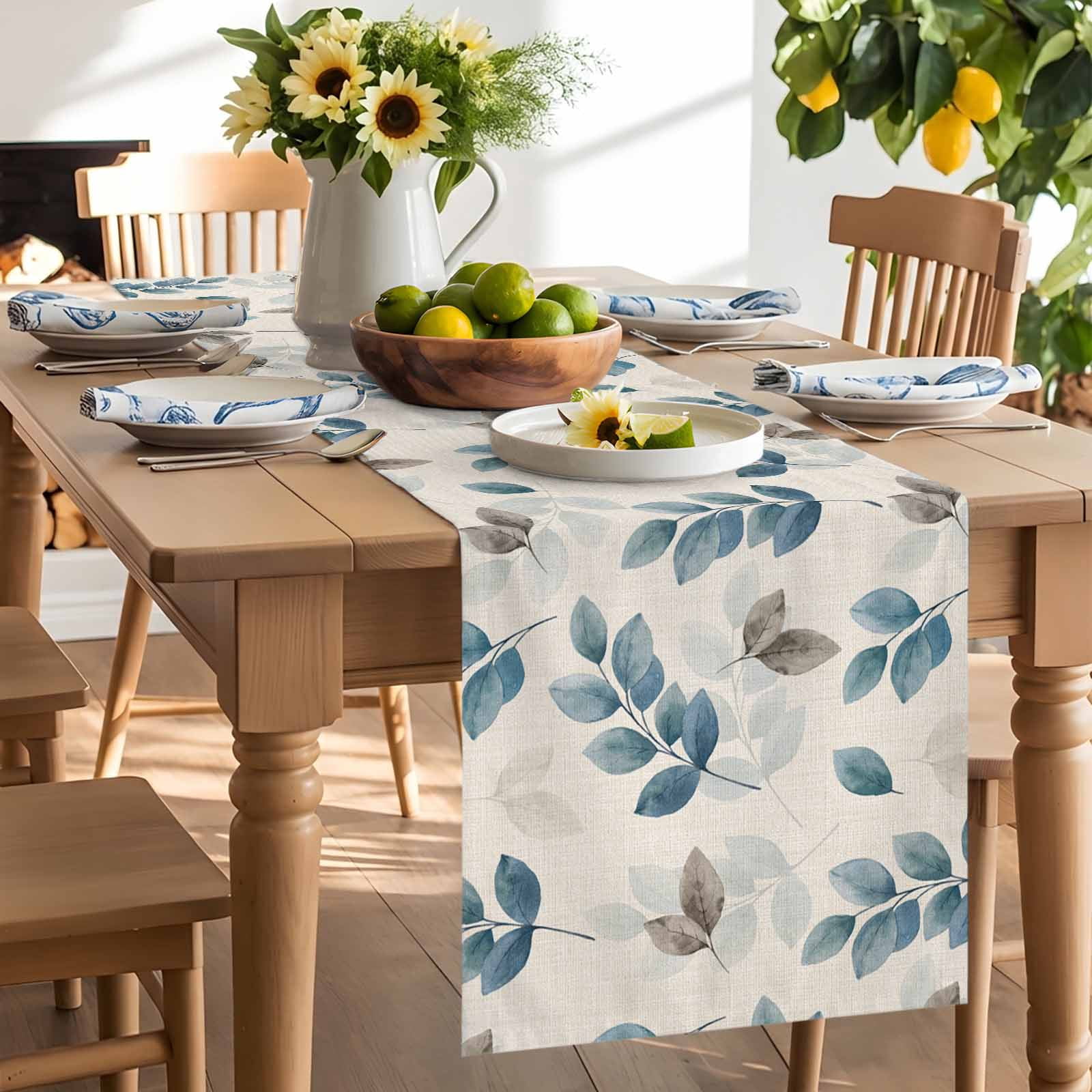 Watercolor Eucalyptus Leaves Blue Grey Table Runner 90 Inches Long, Country Botanical Retro Linen Table Runners Tabletop Scarf Kitchen Dining Tables Decoration for Home Party Indoor Outdoor
