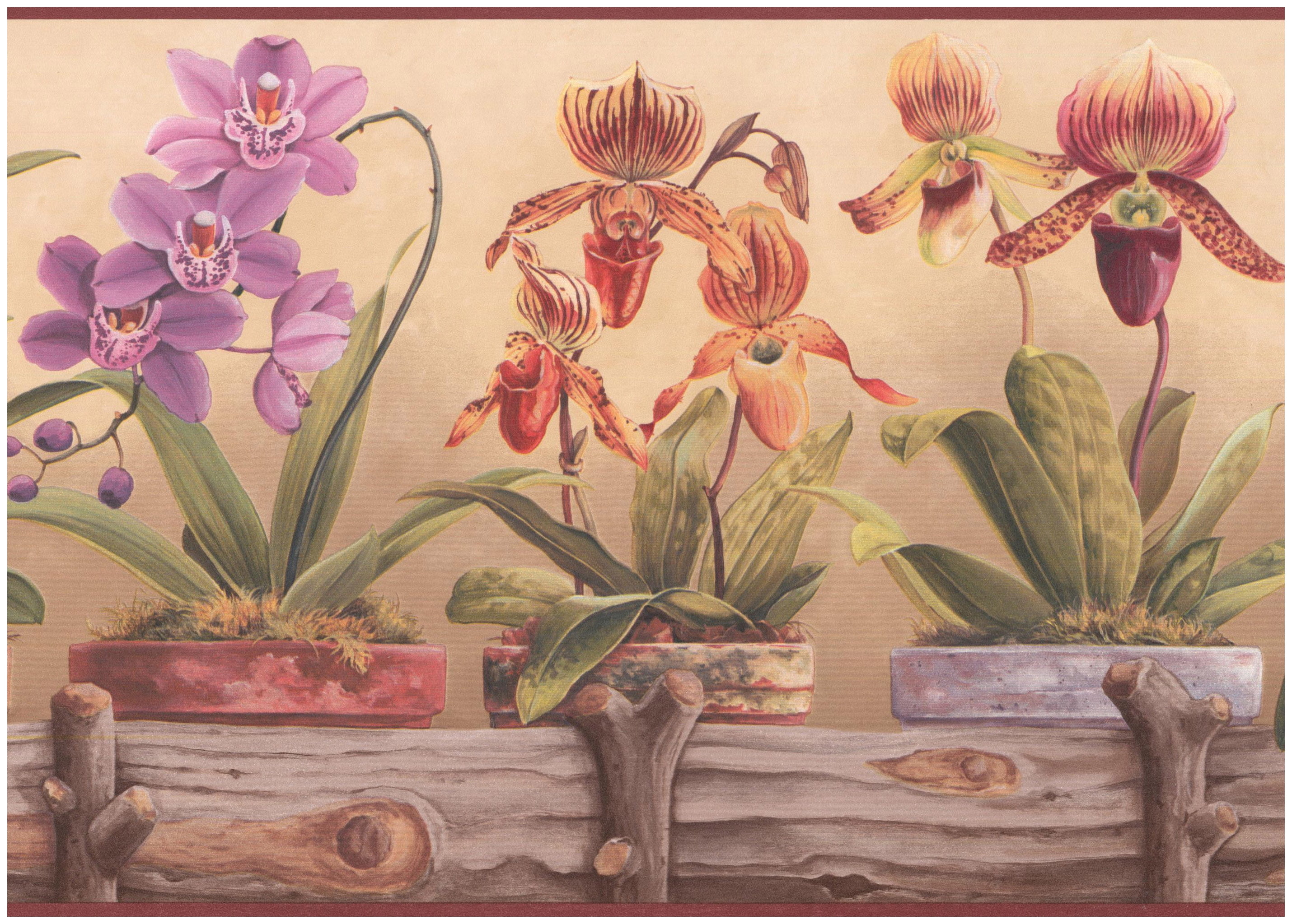 Prepasted Wall Border Potted Purple Pink Yellow Flowers Maroon Trim