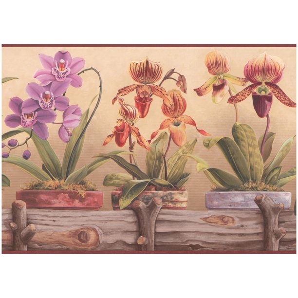 Prepasted Wall Border - Potted Purple Pink Yellow Flowers ...