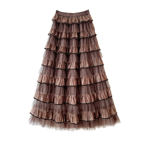 GEWSEY Women's Layered Tulle Skirts A Line Ruffle High Waisted Mesh Long Maxi Skirt Petticoat (Coffee, One Size)