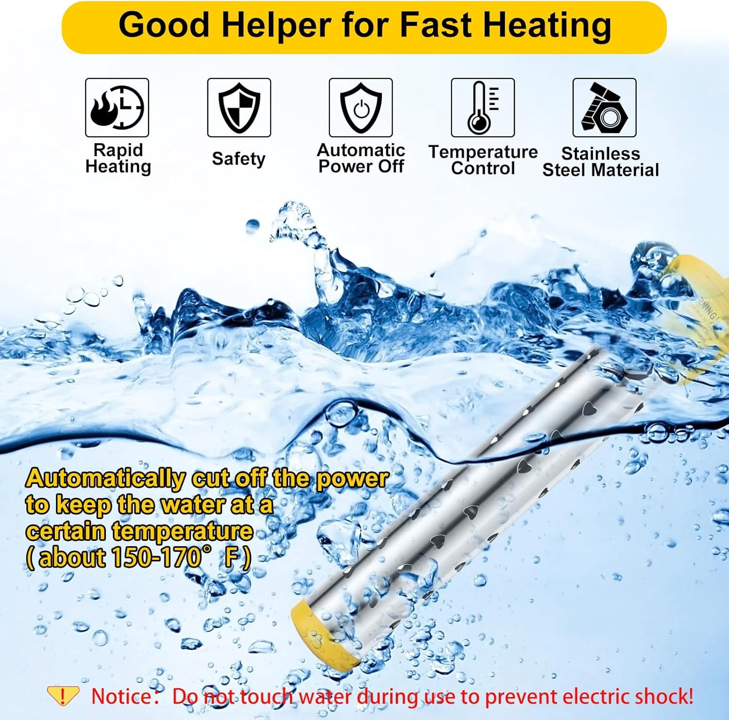 2 Pcs Immersion Water Heater with Stainless Steel Cover,1500W Portable Bucket Heater Heat 5 Gallons of Water in Minutes,Yellow