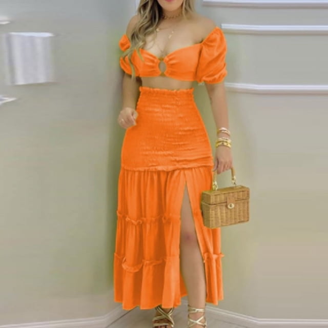 Europe and America Summer New Women‘s Off-shoulder Printed Split Skirt Two-piece Set